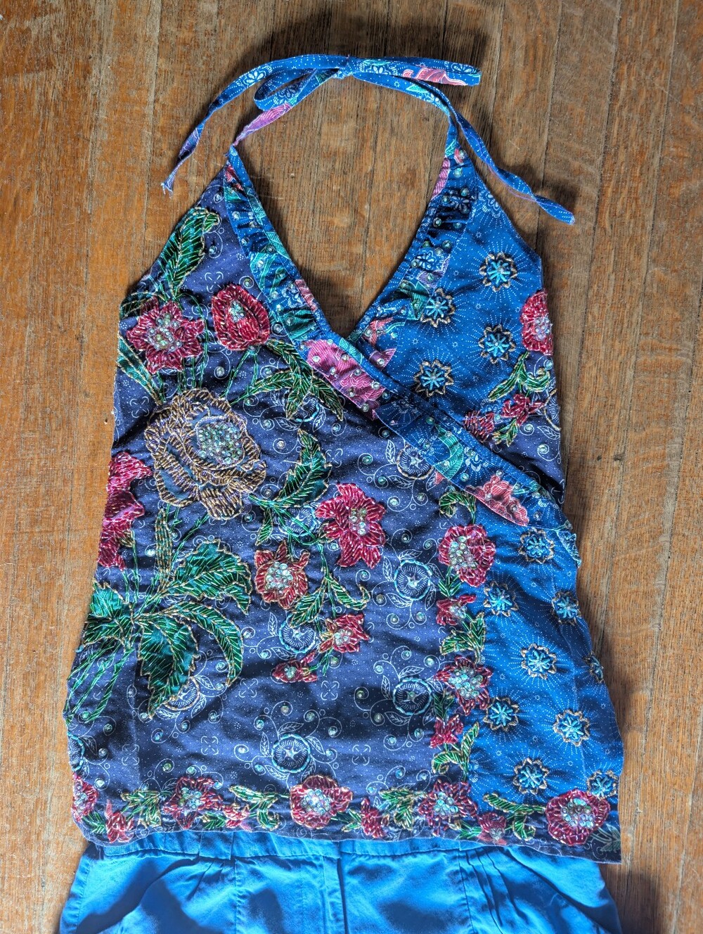 Intricately Beaded Floral Halter Wrap Tank Top Tie Neck Size M